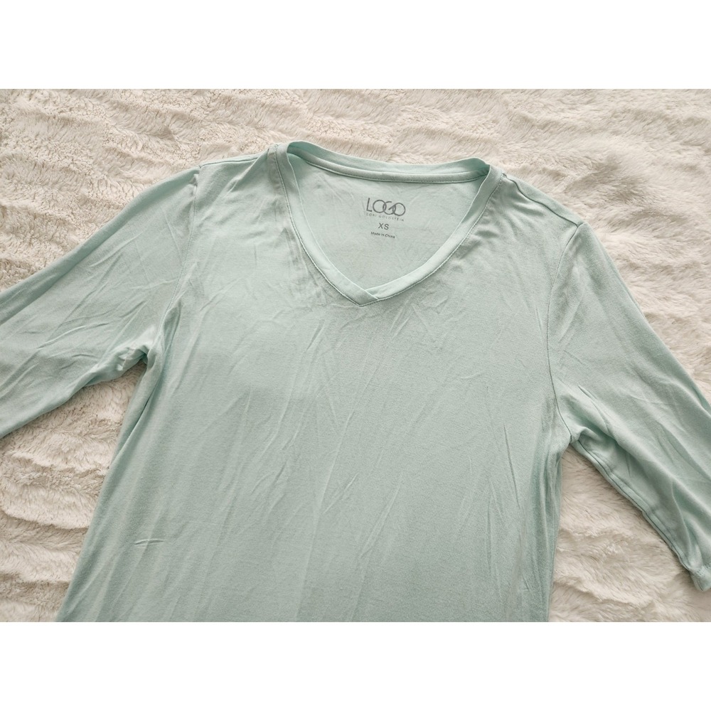 Logo By Lori Goldstein Short Sleeve V Neck Blouse Light Teal Ruffled Trim Womens